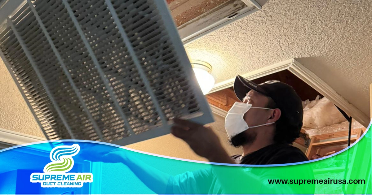 It shows an image in which a technician is cleaning the ducts for allergy relief in San Antonio.