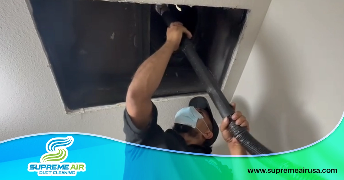 Shows a technician removing all the dust, debris, and mold that got accumulated in the ducts. 