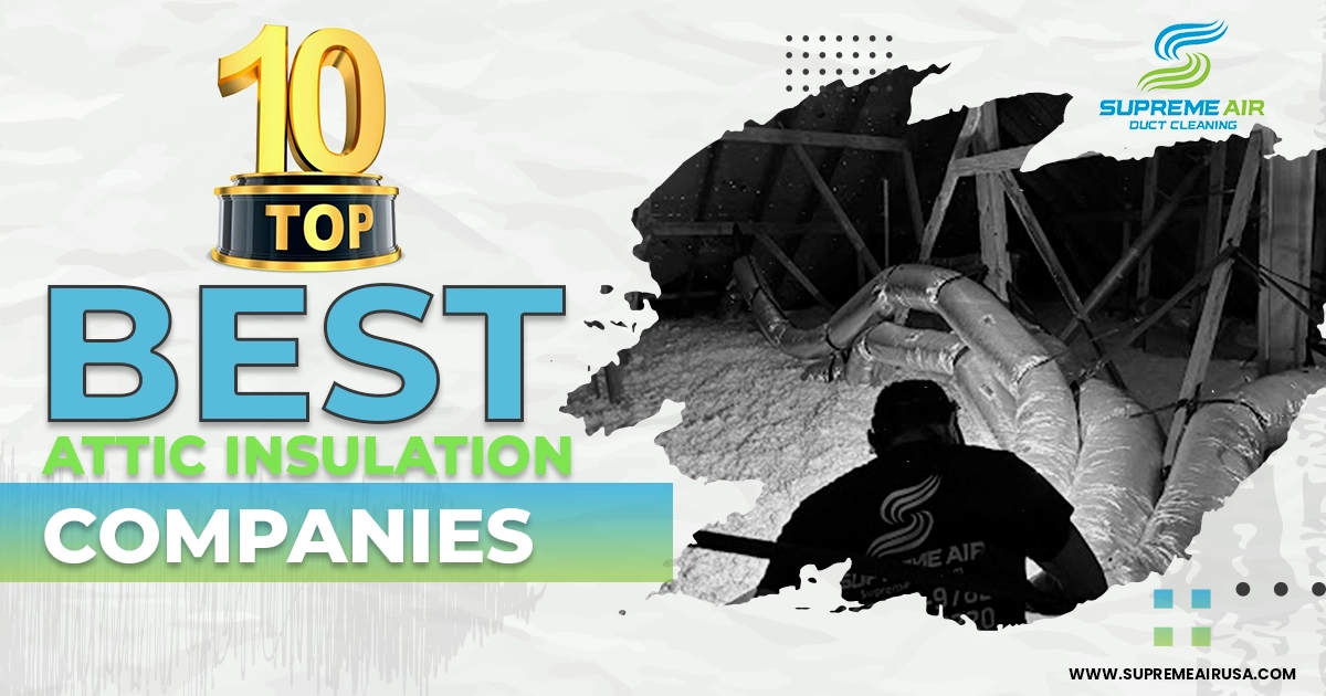 An infographic about our top 10 picks for the best attic insulation companies in San Antonio shows a technician from Supreme Air installing insulation in the attic. 