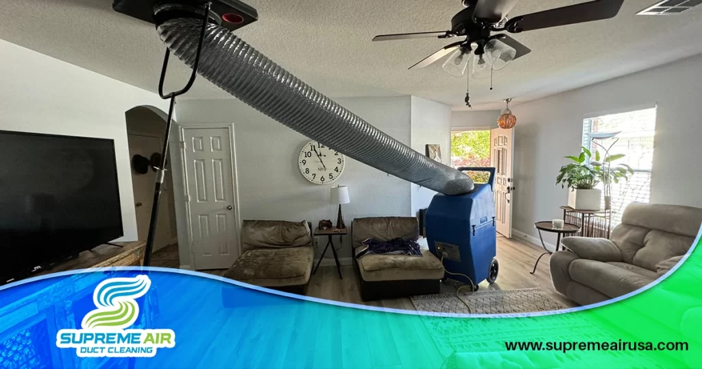 Shows an image of the air duct cleaning process inside your home.