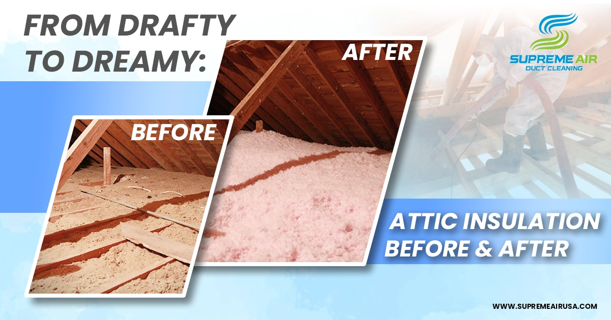 An information graphic that shows the before and after comparison of the insulation in the attic.